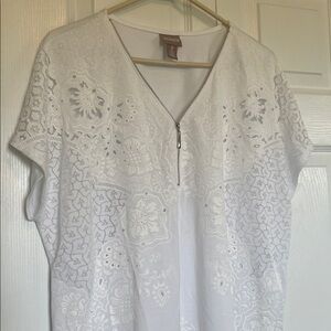 Women’s Chicos 3 short sleeve v neck quarter zip sheer floral design top Stylish
